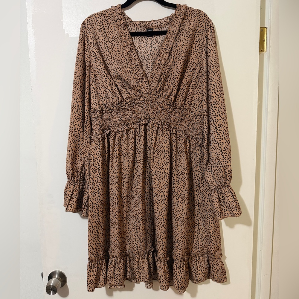 SHEIN Brown Long Sleeve Polka Dot Dress